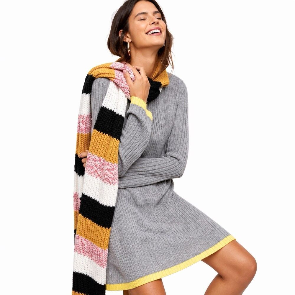 Anthropologie Arseneau Gray Yellow Ribbed Alpaca Wool Knit Bell Sleeve Dress XS